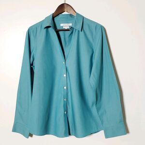 Foxcroft Heritage Non-Iron Blouse Size 14 Teal Full Button Up Long Sleeve Womens